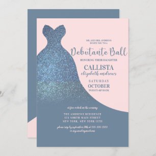 Blue Pink Sparkly Glitter Dress Debutante Dance Invitation