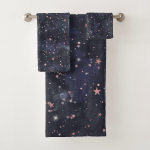 Blue & Pink Starry Night Sky Celestial Whimsical Bath Towel Set