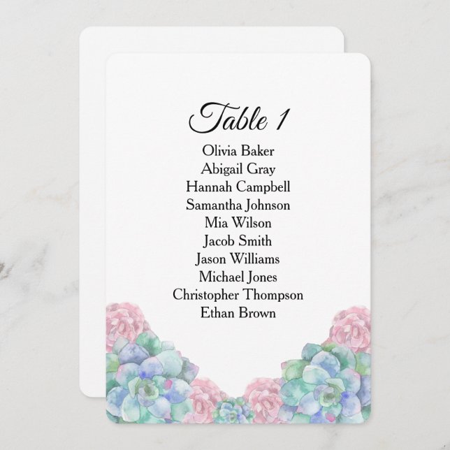 Blue pink succulents. Wedding seating charts Invitation (Front/Back)