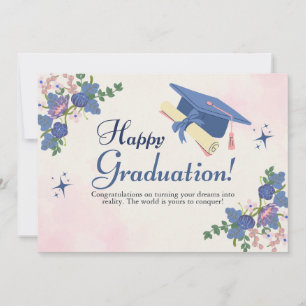 Blue Pink Sweet Flower Happy Graduation Announcement