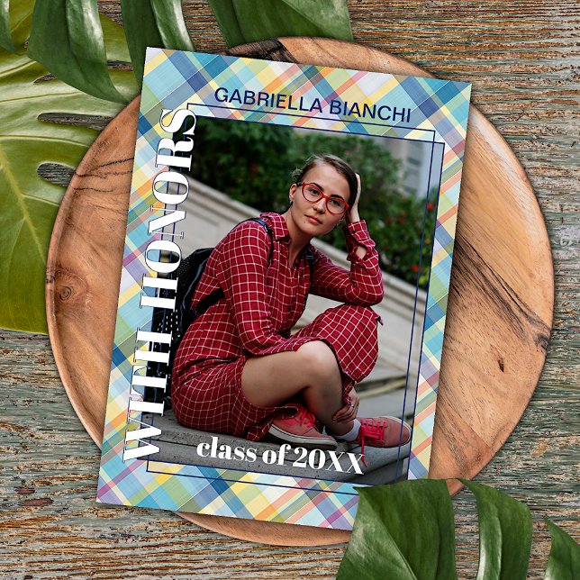 Blue Pink Tartan Plaid Graduation Announcement Postcard (Creator Uploaded)