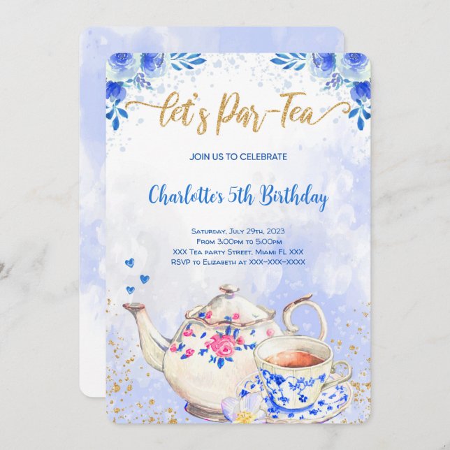 Blue & Pink Tea Party Birthday Invitation (Front/Back)