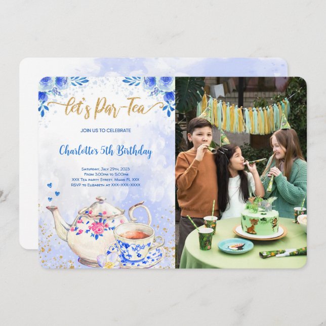 Blue & Pink Tea Party Birthday Photo Invitation (Front/Back)