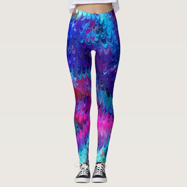 Blue Pink Teal Abstract Marbling Ebru Art Leggings (Front)