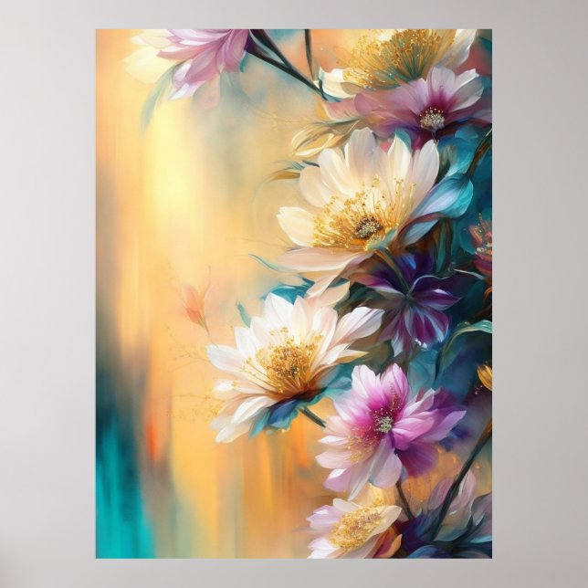 Blue Pink Teal Cream Flowers Beautiful Floral  Poster (Front)
