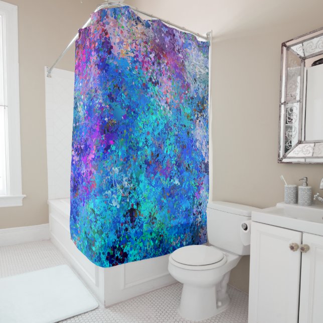Blue Pink Teal Drops Abstraction Shower Curtain (In Situ)