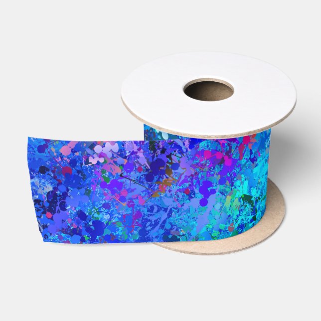 Blue Pink Teal Drops Splash Abstraction Satin Ribbon (Spool)