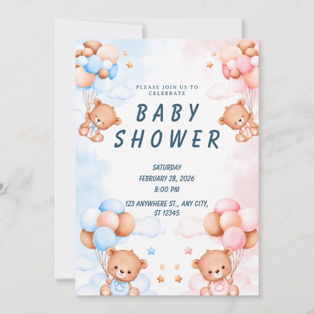 Blue Pink Teddy Bear Baby Shower Invitation (Front)