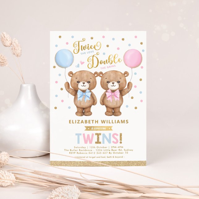 Blue Pink Teddy Bear Boy Girl Twins Baby Shower Invitation (Creator Uploaded)
