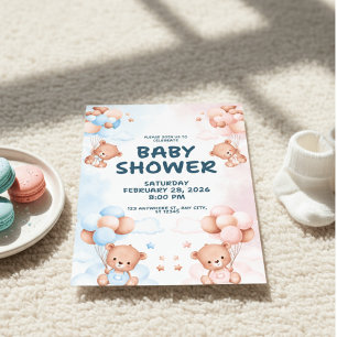 Blue Pink Teddy Bear Gender Reveal Baby Shower Invitation