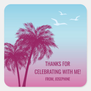 Blue Pink Tropical Palm Trees Birthday Thank You Square Sticker