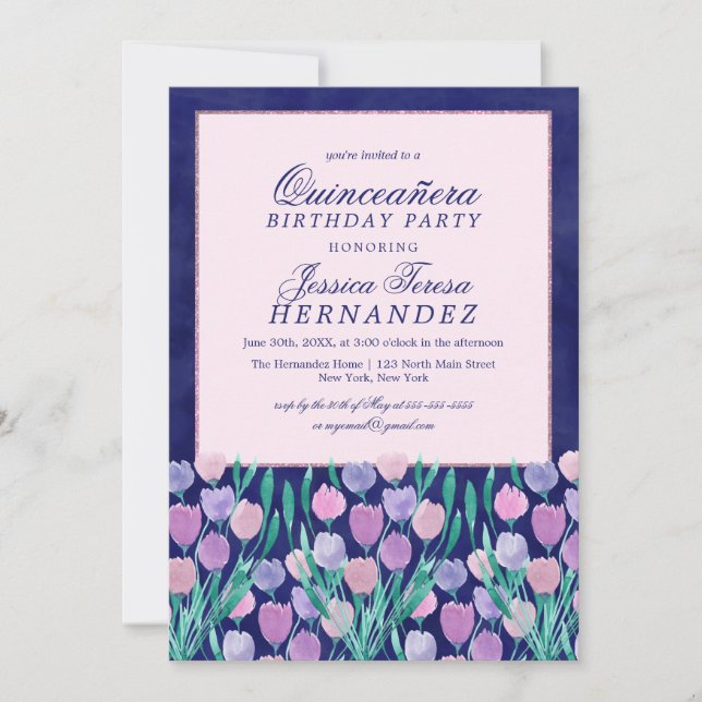 Blue Pink Tulips Floral Watercolor Quinceañera Invitation (Front)