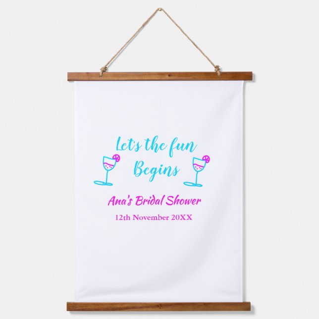 Blue pink vine glass bridal shower let's fun begin hanging tapestry (Front)