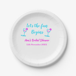 Blue pink vine glass bridal shower let's fun begin paper plate