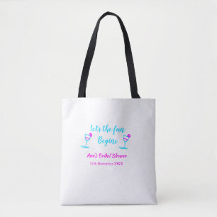 Blue pink vine glass bridal shower let's fun begin tote bag
