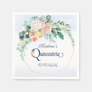 Blue Pink Vintage Floral Quinceanera Birthday Napkin