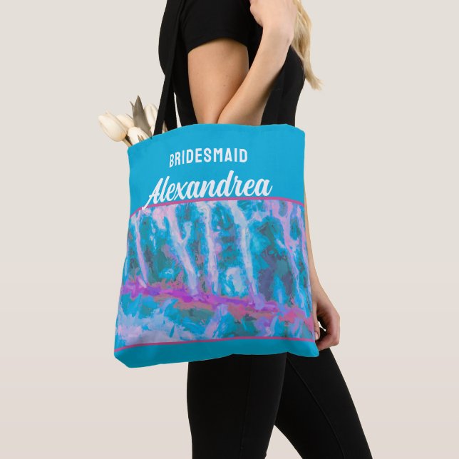 Blue Pink Watercolor Bridesmaid Elegant Custom Tote Bag (Close Up)