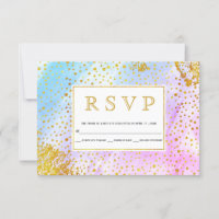 Blue, pink watercolor confetti specks wedding RSVP