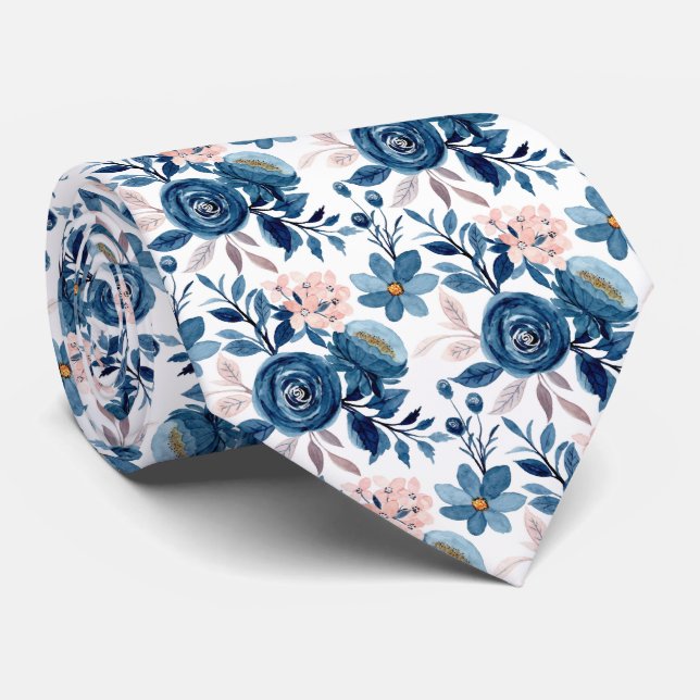 Blue & Pink Watercolor Floral Pattern Tie (Rolled)