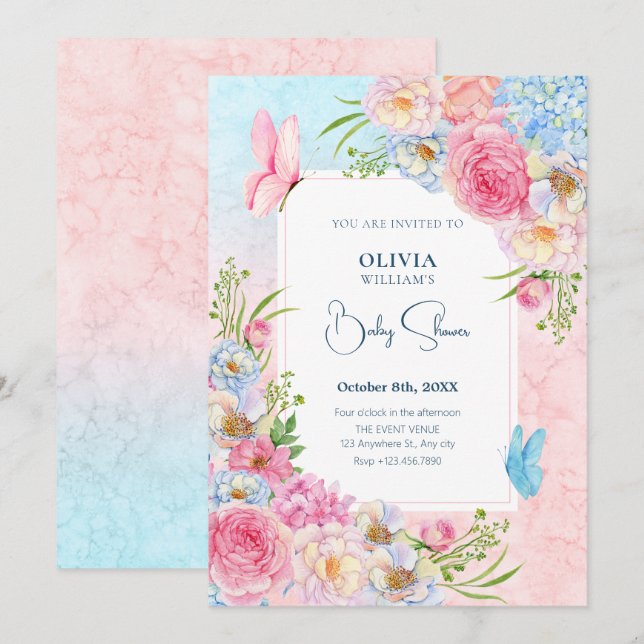 Blue pink watercolor flowers baby shower invitation (Front/Back)