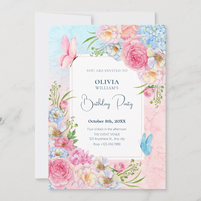 Blue pink watercolor flowers Birthday Invitation (Front)