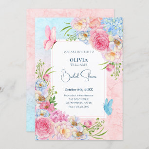 Blue pink watercolor flowers bridal shower shower invitation
