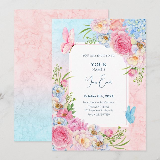 Blue pink watercolor flowers  invitation (Front/Back)