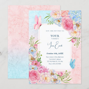 Blue pink watercolor flowers  invitation