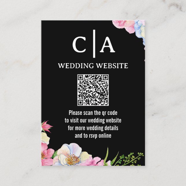 Blue Pink Watercolor Flowers QR Code Wedding Enclosure Card (Front)