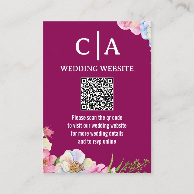 Blue Pink Watercolor Flowers QR Code Wedding Enclosure Card (Front)