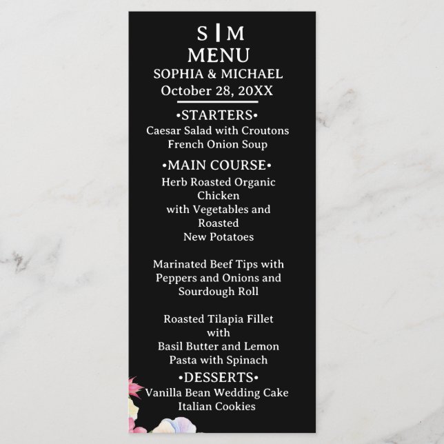 Blue Pink Watercolor Flowers QR Code Wedding Menu (Front)