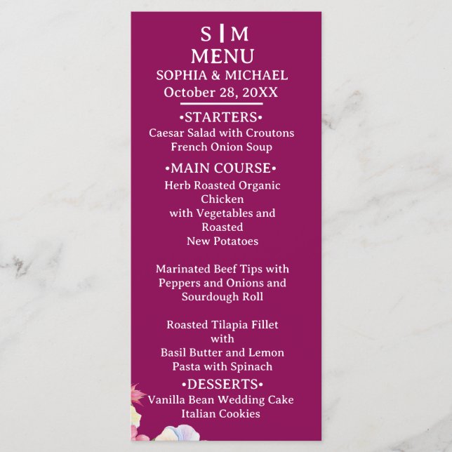 Blue Pink Watercolor Flowers QR Code Wedding Menu (Front)