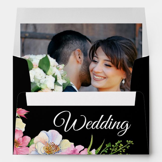 Blue Pink Watercolor Flowers Wedding  Envelope (Back (Bottom))