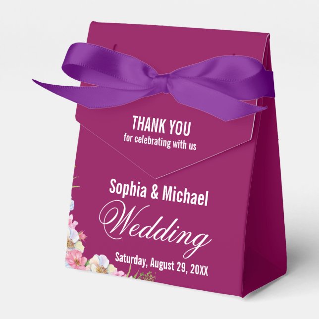 Blue Pink Watercolor Flowers Wedding  Favour Box (Front Side)