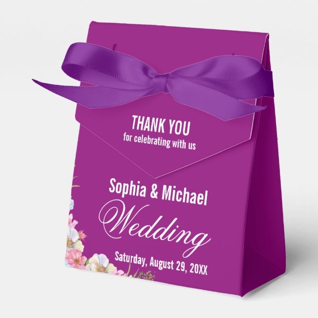 Blue Pink Watercolor Flowers Wedding  Favour Box (Front Side)