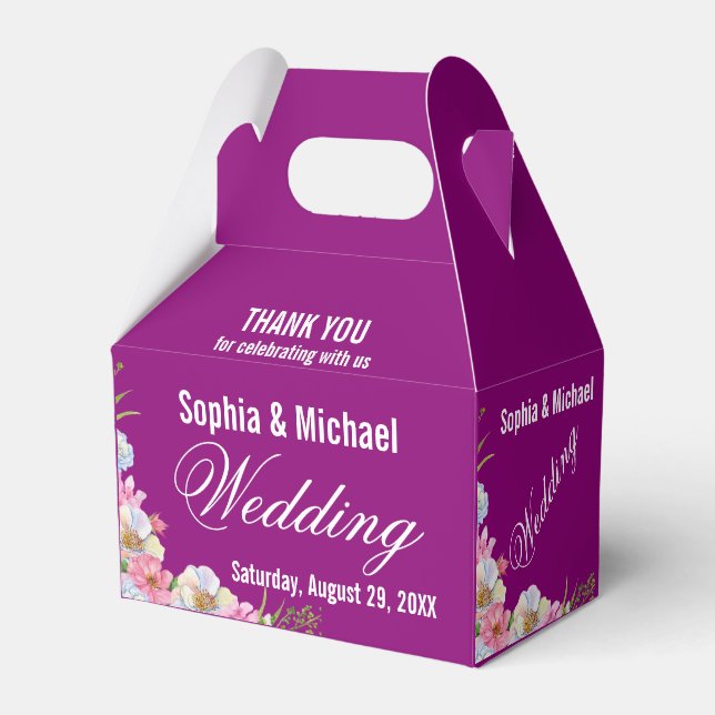 Blue Pink Watercolor Flowers Wedding  Favour Box (Front Side)