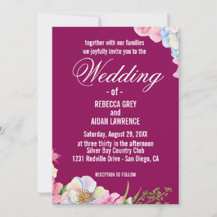 Blue Pink Watercolor Flowers Wedding  Invitation