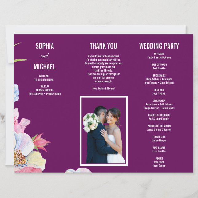 Blue Pink Watercolor Flowers Wedding Program Flyer (Front)