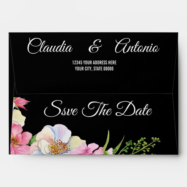 Blue Pink Watercolor Flowers Wedding Save The Date Envelope (Back (Top Flap))