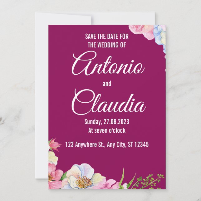 Blue Pink Watercolor Flowers Wedding Save The Date Invitation (Front)