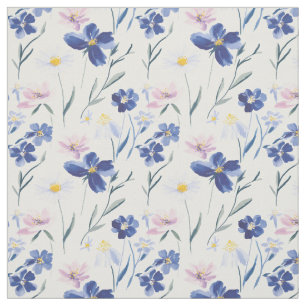 Blue & Pink Watercolor Wildflower Seamless Pattern Fabric