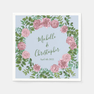 Blue Pink Wedding Floral Roses Napkin