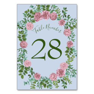 Blue & Pink Wedding Pastel Floral Spring Table Number