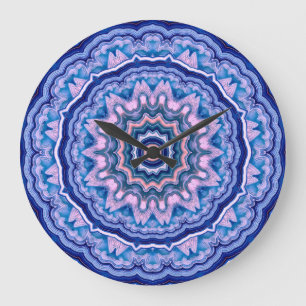 Blue Pink White Agate Boho Mandala Large Clock