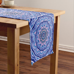 Blue Pink White Agate Boho Mandala Pattern Short Table Runner