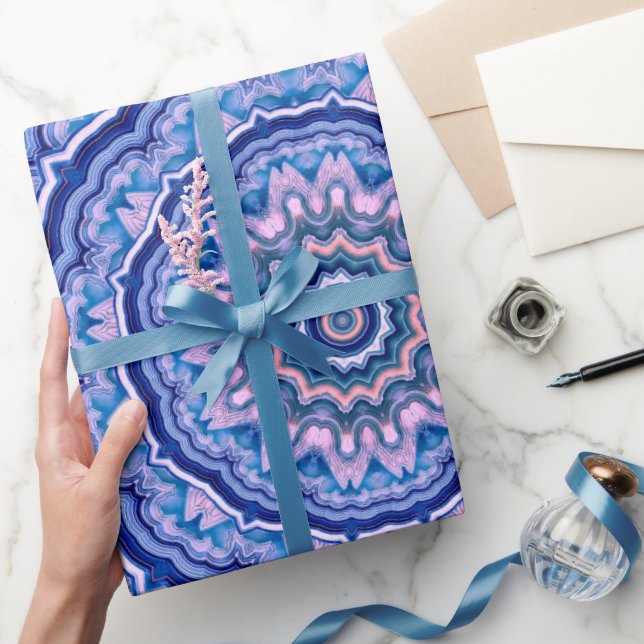 Blue Pink White Agate Boho Mandala Pattern Wrapping Paper (Gifting)