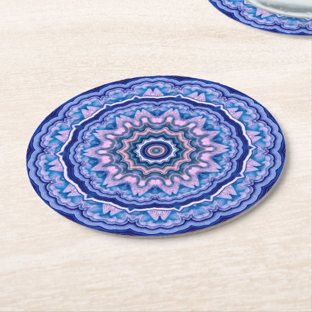 Blue Pink White Agate Boho Mandala Round Paper Coaster (Angled)