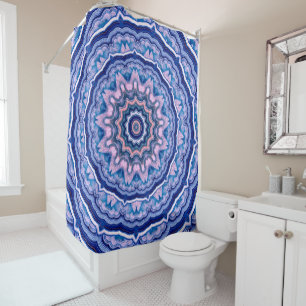 Blue Pink White Agate Boho Mandala Shower Curtain