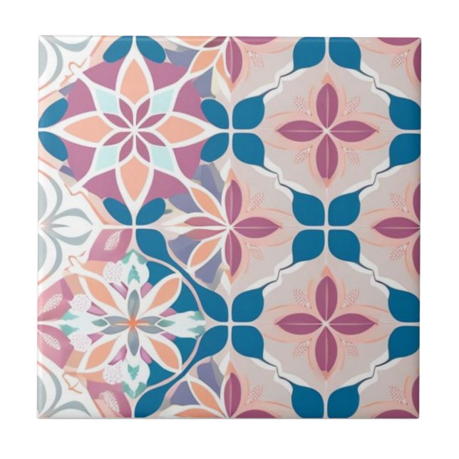 Blue, pink, white and beige floral tile (Front)