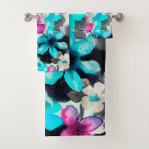 Blue Pink White Black Watercolor Flowers Bath Towel Set